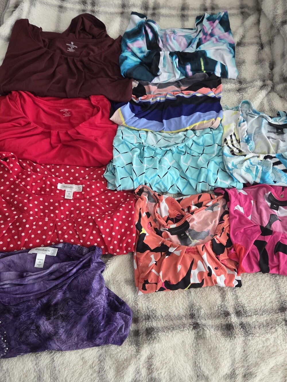 13 Mixed Women's Tops Bundle - Red, Burgundy, Teal, Purple, Coral & Prints